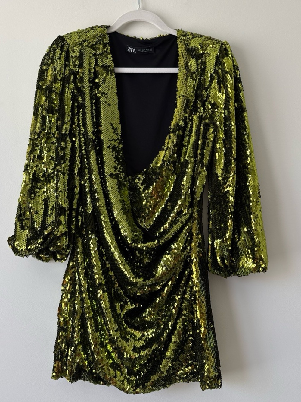 Zara green sequin faux wrap mini dress size S